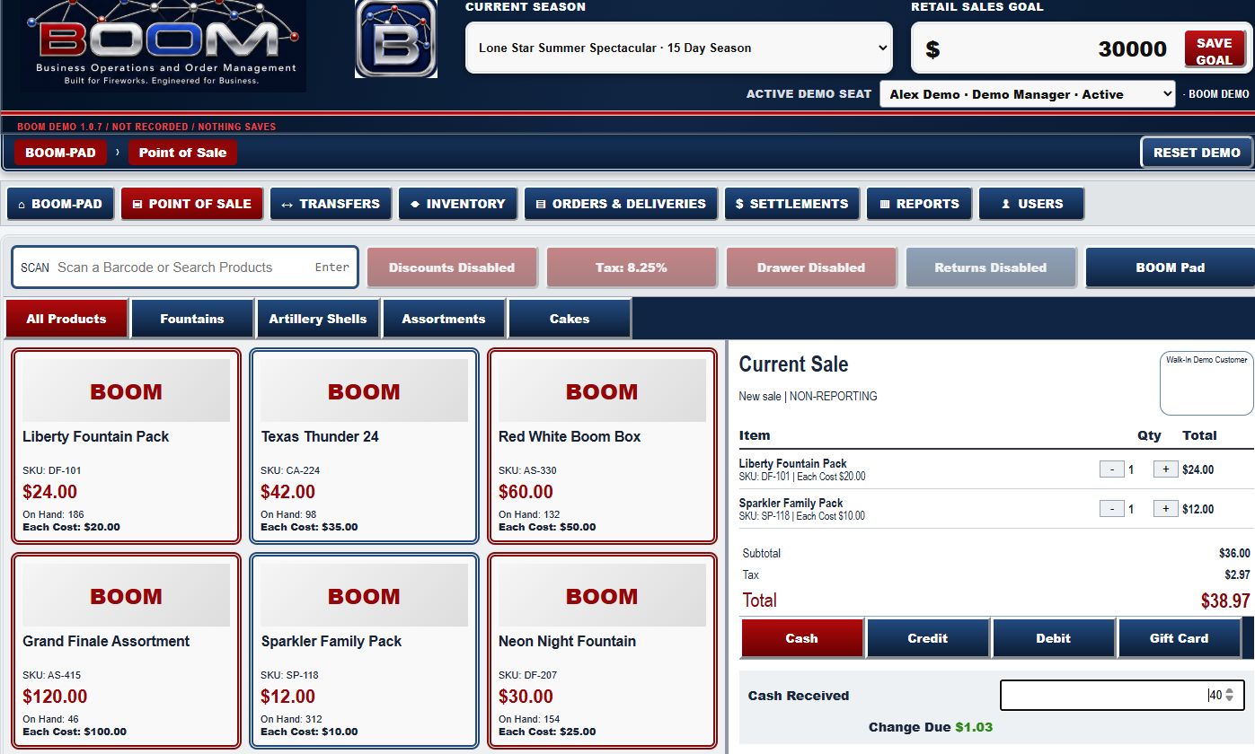 Synthetic BOOM point of sale showing subtotal, sales tax, cash received, and change due for a demo transaction